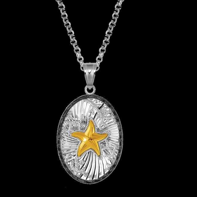 Image 0 of Starfish Black Crystal Oval 14K Gold Accent Sterling Silver Pendant