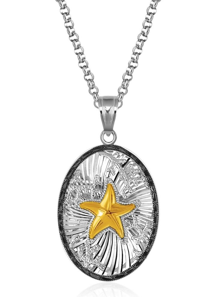 Image 1 of Starfish Black Crystal Oval 14K Gold Accent Sterling Silver Pendant