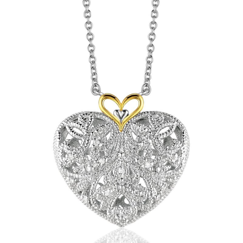 Image 1 of Filigree Heart Diamond Yellow Gold Accent Sterling Silver Pendant