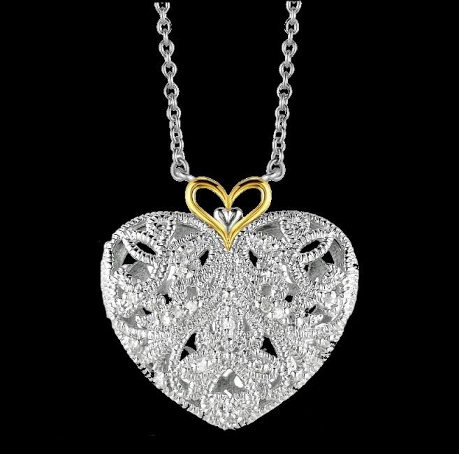Image 0 of Filigree Heart Diamond Yellow Gold Accent Sterling Silver Pendant