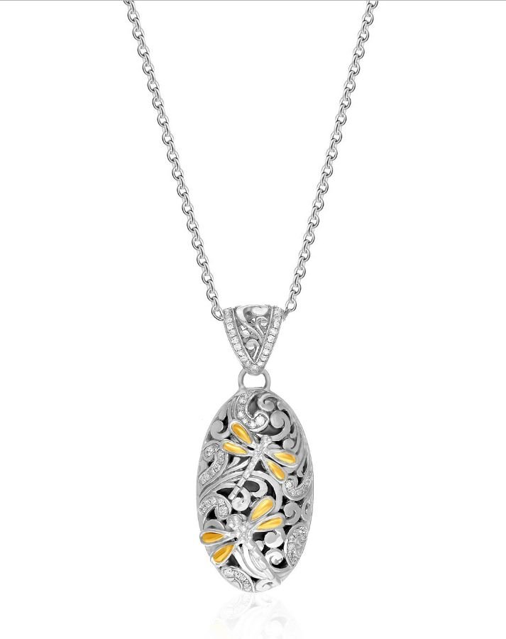 Image 1 of Dragonfly Oval Diamond Yellow Gold Accent Sterling Silver Pendant