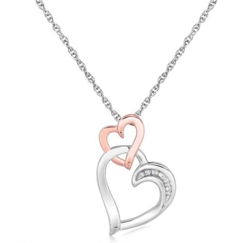 Image 1 of Double Hearts Diamond Accented Two Tone Small Sterling Silver Pendant