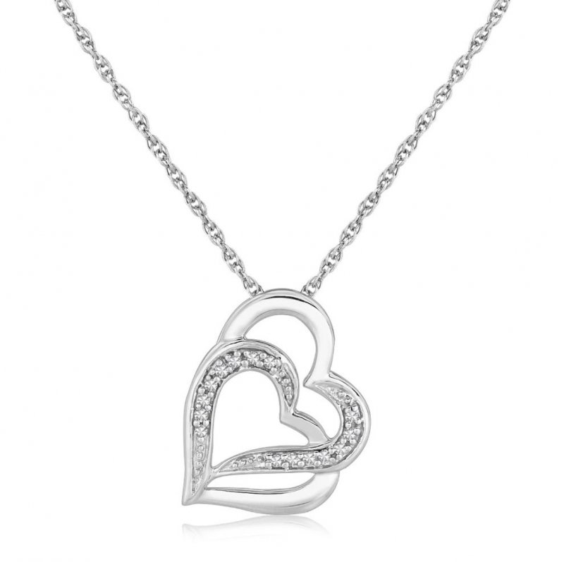 Image 1 of Double Entwined Hearts Diamond Accented Small Sterling Silver Pendant