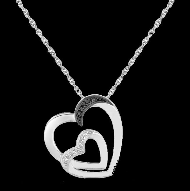 Image 0 of Double Offset Hearts Black Diamond Accented Small Sterling Silver Pendant