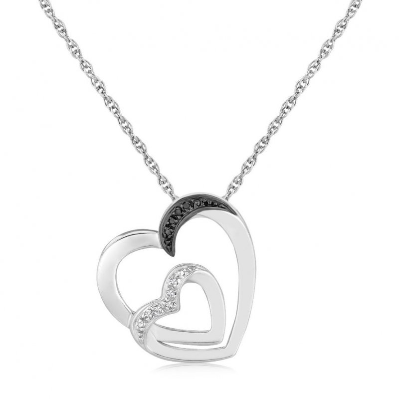 Image 1 of Double Offset Hearts Black Diamond Accented Small Sterling Silver Pendant