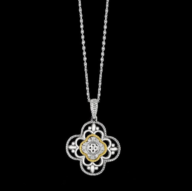 Image 0 of Floral Shape Ornate Diamond Yellow Gold Accent Sterling Silver Pendant
