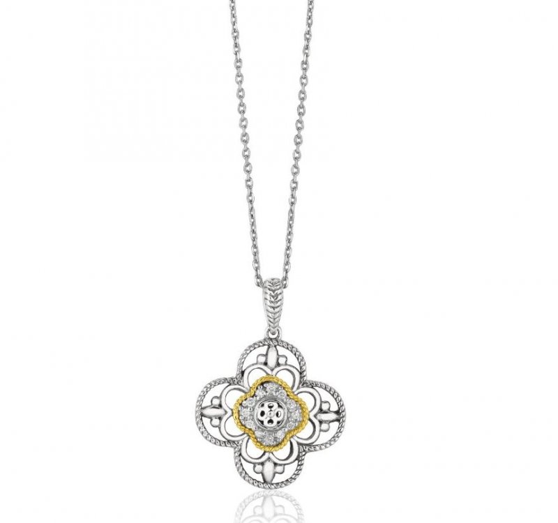Image 1 of Floral Shape Ornate Diamond Yellow Gold Accent Sterling Silver Pendant