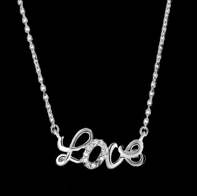 Image 0 of Love Word Cursive Script Diamond Accented Small Sterling Silver Pendant