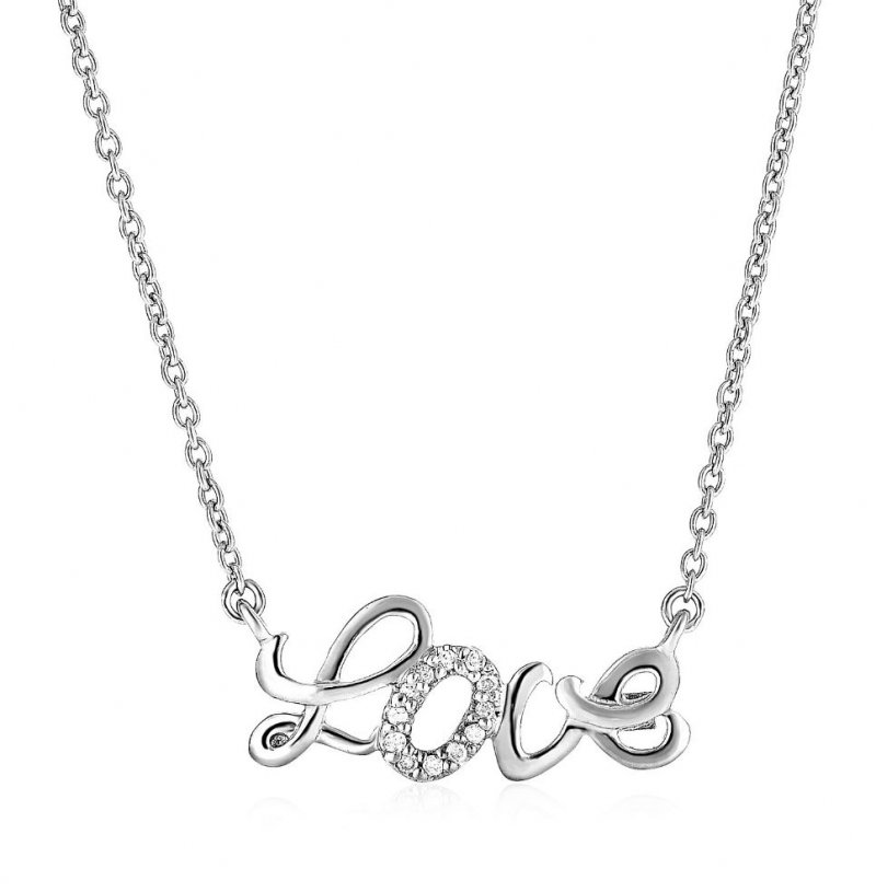 Image 1 of Love Word Cursive Script Diamond Accented Small Sterling Silver Pendant