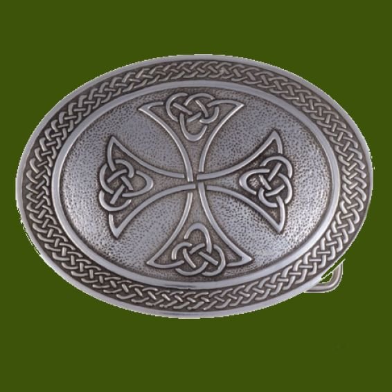 Image 0 of Celtic Cross Knotwork Border Oval Large Mens Stylish Pewter Belt Buckle 
