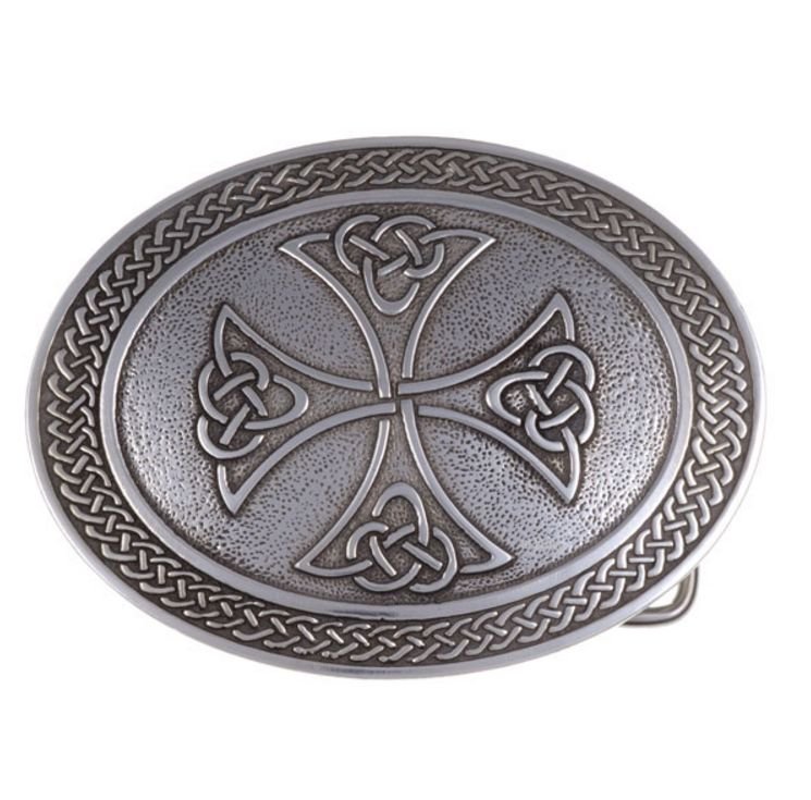 Image 1 of Celtic Cross Knotwork Border Oval Large Mens Stylish Pewter Belt Buckle 