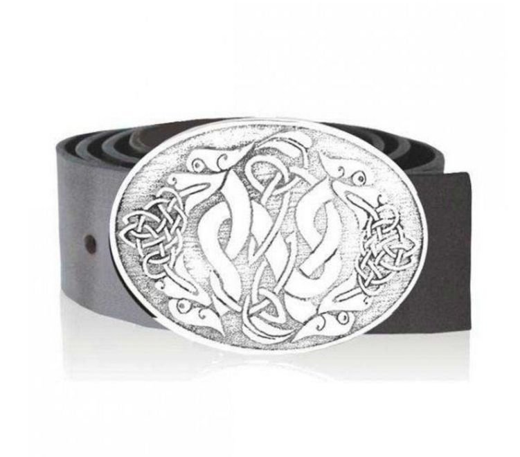 Image 1 of Two Celtic Dragons Oval Large Mens Kilt Stylish Pewter Belt Buckle 