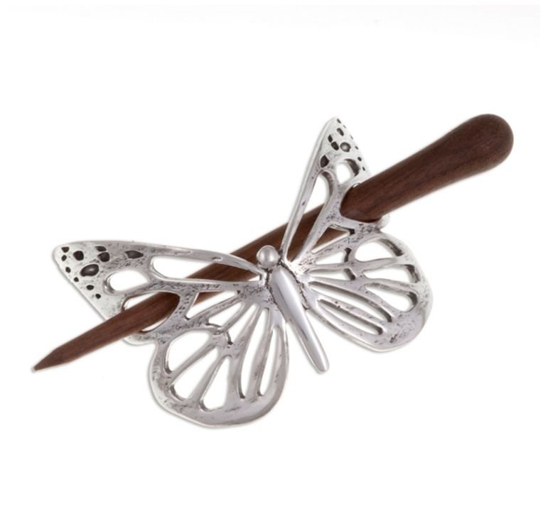 Image 1 of Butterfly Openwork Stylish Pewter Rosewood Pin Hair Slide