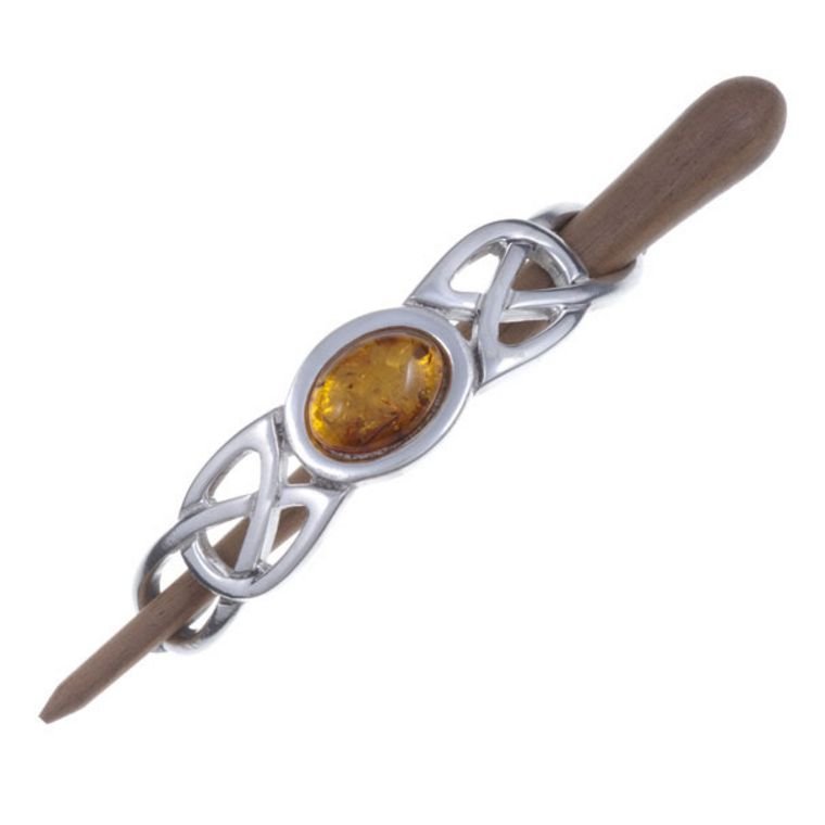 Image 1 of Amber Celtic Knotwork Stylish Pewter Rosewood Pin Hair Slide