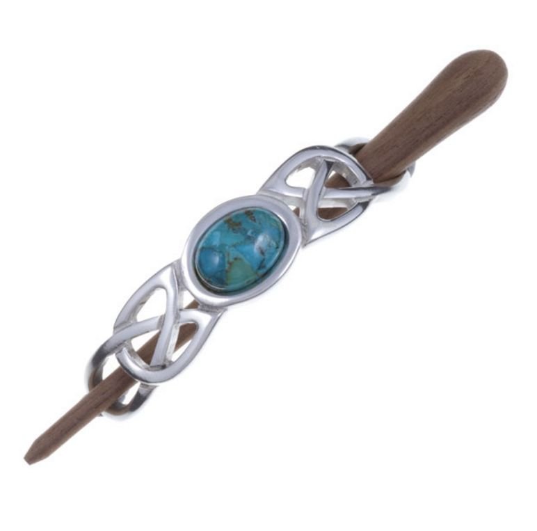 Image 1 of Turquoise Celtic Knotwork Stylish Pewter Rosewood Pin Hair Slide