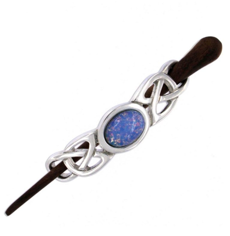 Image 1 of Opal Celtic Knotwork Stylish Pewter Rosewood Pin Hair Slide