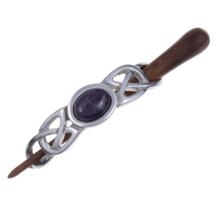 Image 1 of Amethyst Celtic Knotwork Stylish Pewter Rosewood Pin Hair Slide