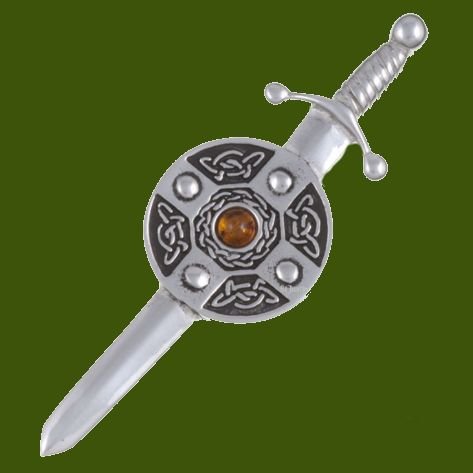 Image 0 of Amber Sword And Shield Celtic Knotwork Stylish Pewter Kilt Pin