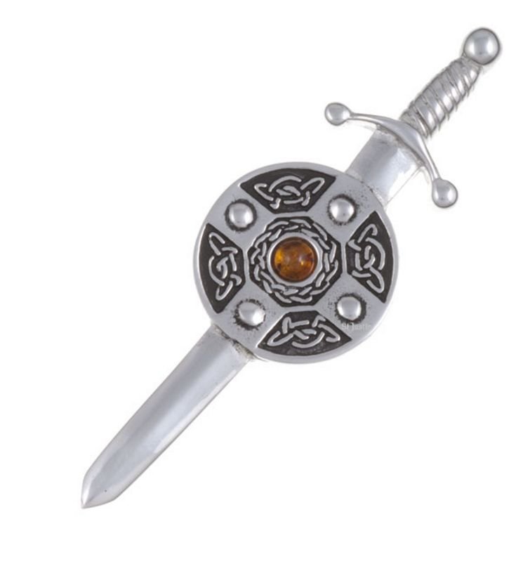 Image 1 of Amber Sword And Shield Celtic Knotwork Stylish Pewter Kilt Pin