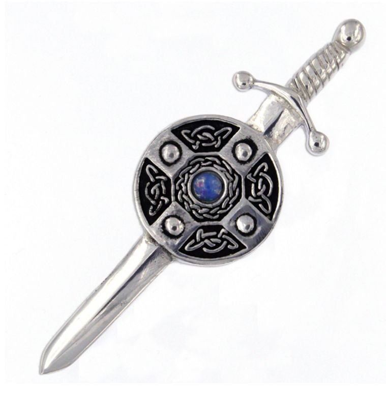 Image 1 of Opal Sword And Shield Celtic Knotwork Stylish Pewter Kilt Pin