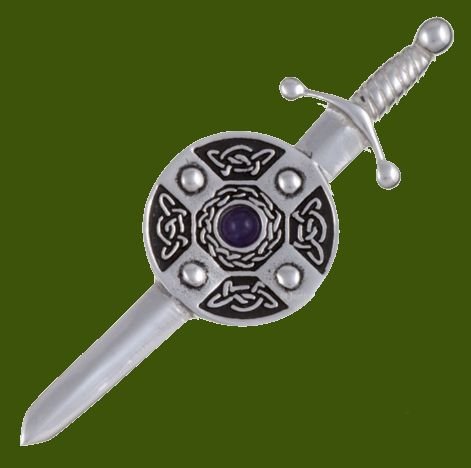 Image 0 of Amethyst Sword And Shield Celtic Knotwork Stylish Pewter Kilt Pin