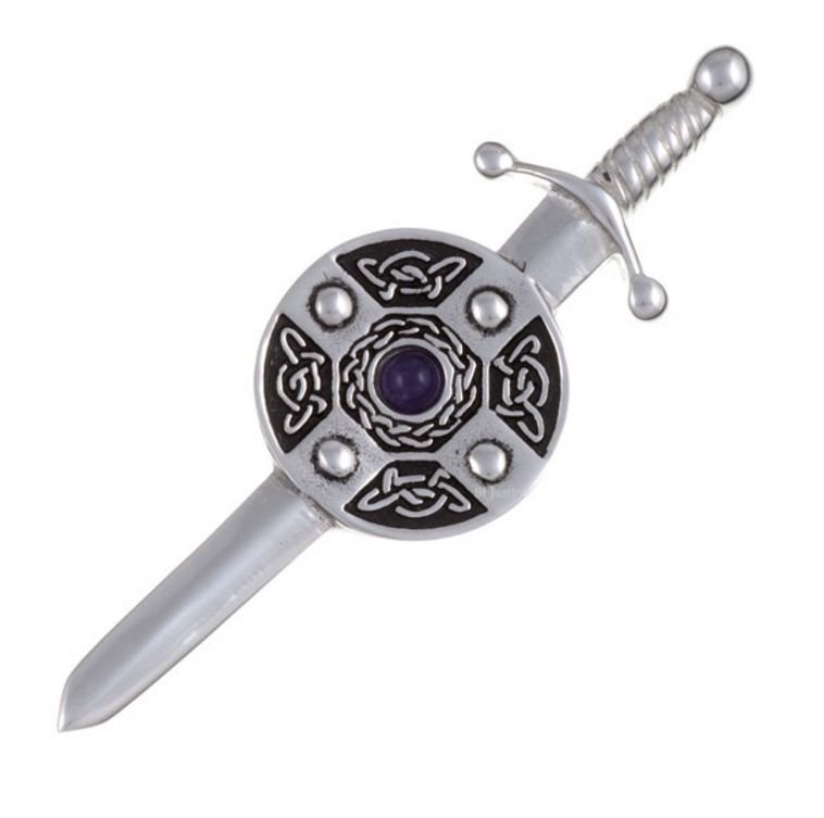 Image 1 of Amethyst Sword And Shield Celtic Knotwork Stylish Pewter Kilt Pin