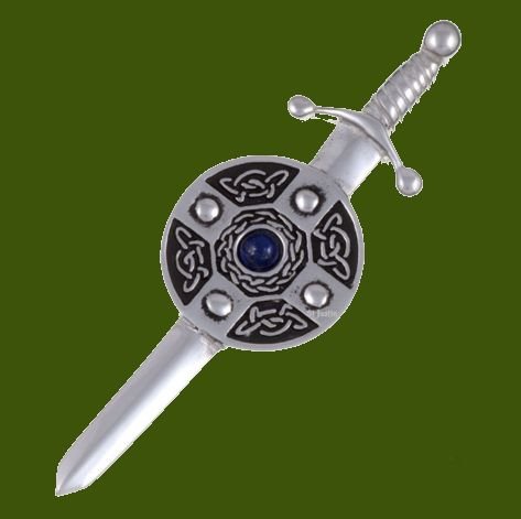 Image 0 of Lapis Lazuli Sword And Shield Celtic Knotwork Stylish Pewter Kilt Pin
