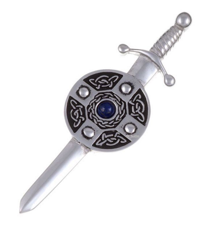 Image 1 of Lapis Lazuli Sword And Shield Celtic Knotwork Stylish Pewter Kilt Pin