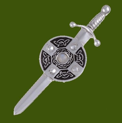 Image 0 of Moonstone Sword And Shield Celtic Knotwork Stylish Pewter Kilt Pin