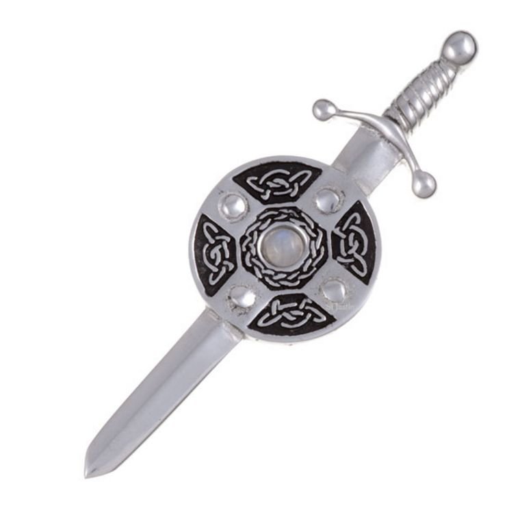 Image 1 of Moonstone Sword And Shield Celtic Knotwork Stylish Pewter Kilt Pin