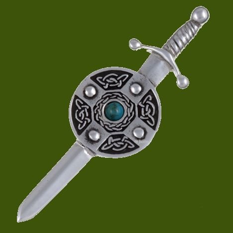 Image 0 of Turquoise Sword And Shield Celtic Knotwork Stylish Pewter Kilt Pin