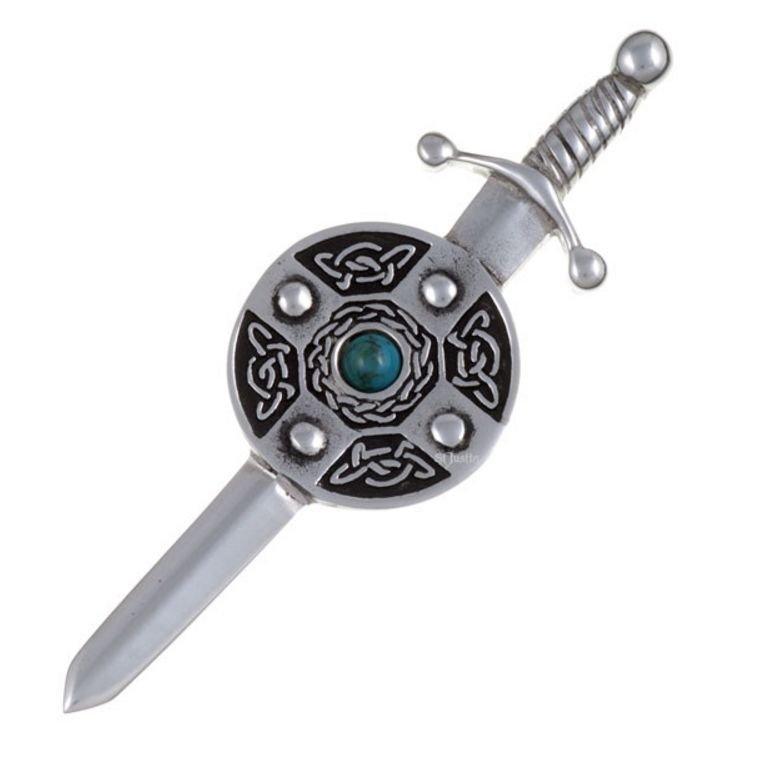 Image 1 of Turquoise Sword And Shield Celtic Knotwork Stylish Pewter Kilt Pin