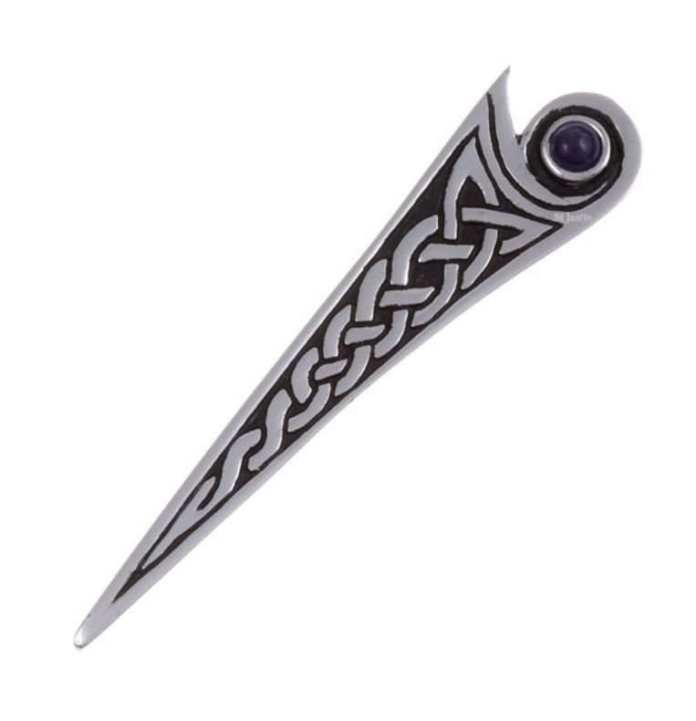 Image 1 of Amethyst Celtic Kells Knotwork Triangular Stylish Pewter Kilt Pin