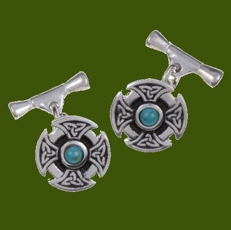 Image 0 of Turquoise Celtic Cross Knotwork Chain Mens Stylish Pewter Cufflinks
