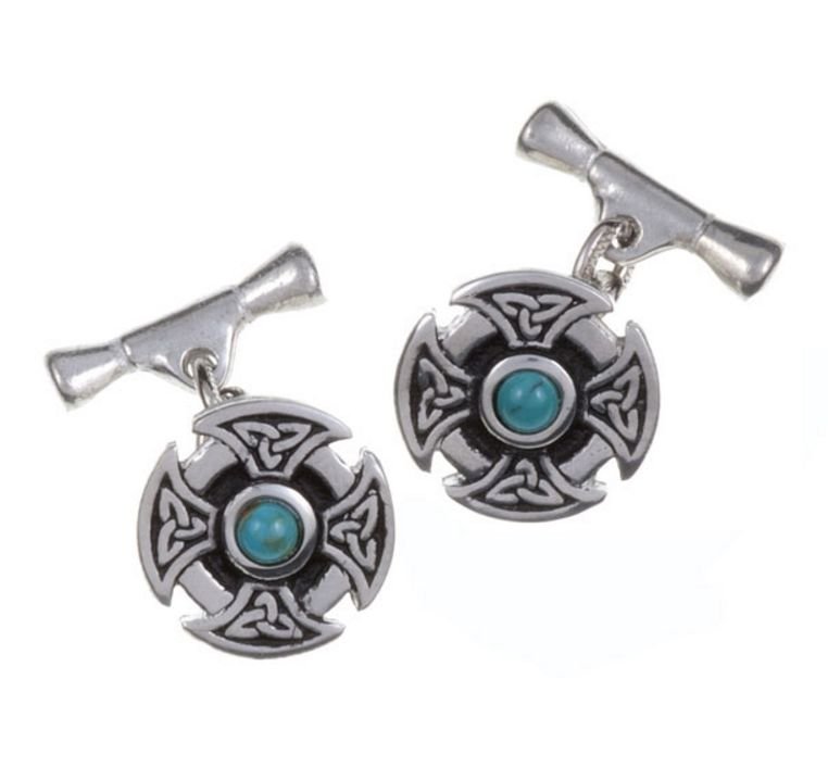 Image 1 of Turquoise Celtic Cross Knotwork Chain Mens Stylish Pewter Cufflinks