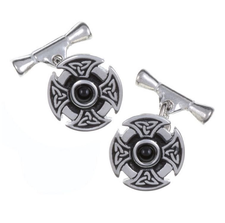 Image 1 of Black Onyx Celtic Cross Knotwork Chain Mens Stylish Pewter Cufflinks