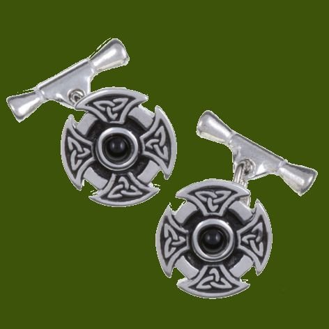 Image 0 of Black Onyx Celtic Cross Knotwork Chain Mens Stylish Pewter Cufflinks