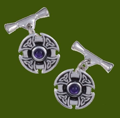 Image 0 of Amethyst Celtic Cross Knotwork Chain Mens Stylish Pewter Cufflinks