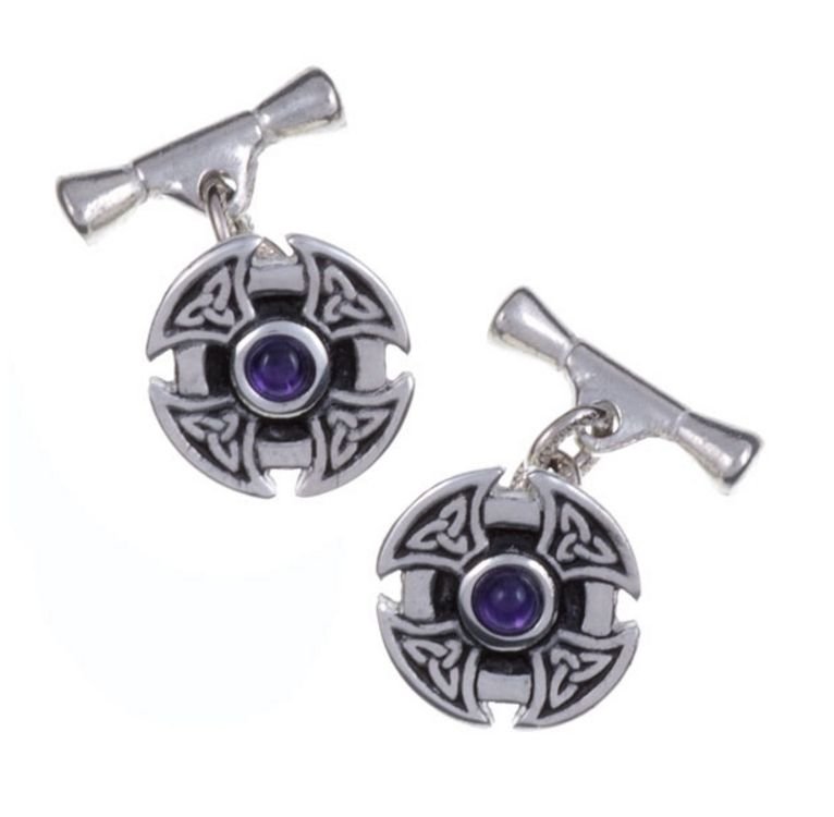 Image 1 of Amethyst Celtic Cross Knotwork Chain Mens Stylish Pewter Cufflinks