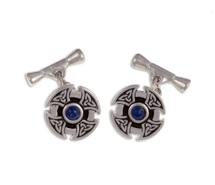 Image 1 of Lapis Lazuli Celtic Cross Knotwork Chain Mens Stylish Pewter Cufflinks