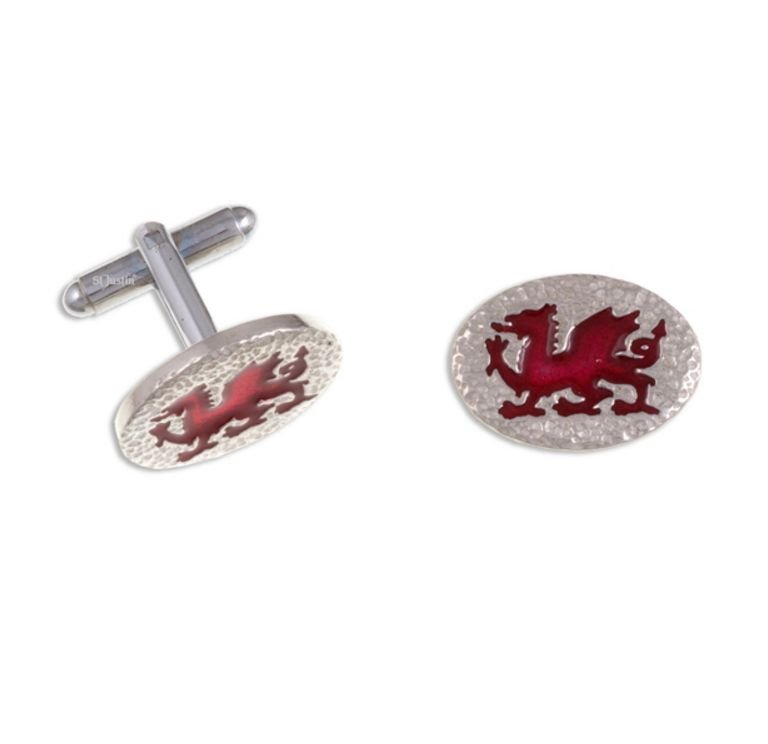Image 1 of Welsh Dragon Red Enamel Textured Oval Mens Stylish Pewter Cufflinks