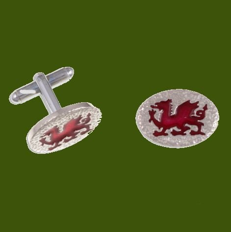 Image 0 of Welsh Dragon Red Enamel Textured Oval Mens Stylish Pewter Cufflinks