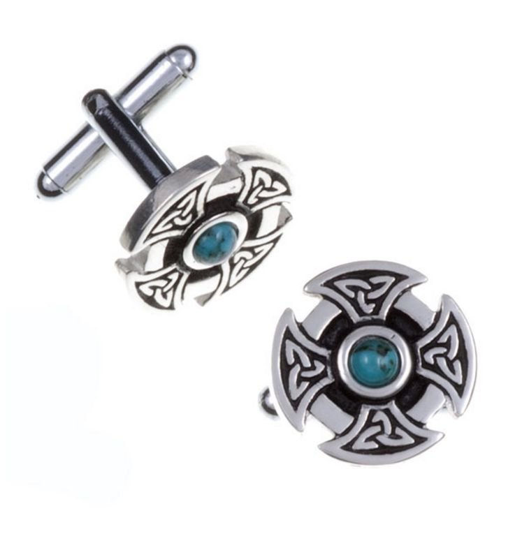 Image 1 of Turquoise Celtic Cross Knotwork Mens Stylish Pewter Cufflinks