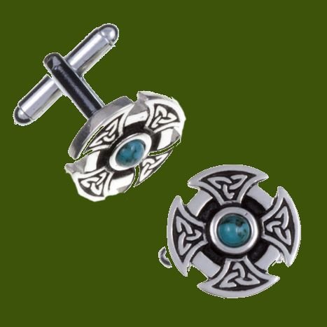 Image 0 of Turquoise Celtic Cross Knotwork Mens Stylish Pewter Cufflinks