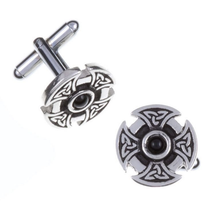 Image 1 of Black Onyx Celtic Cross Knotwork Mens Stylish Pewter Cufflinks