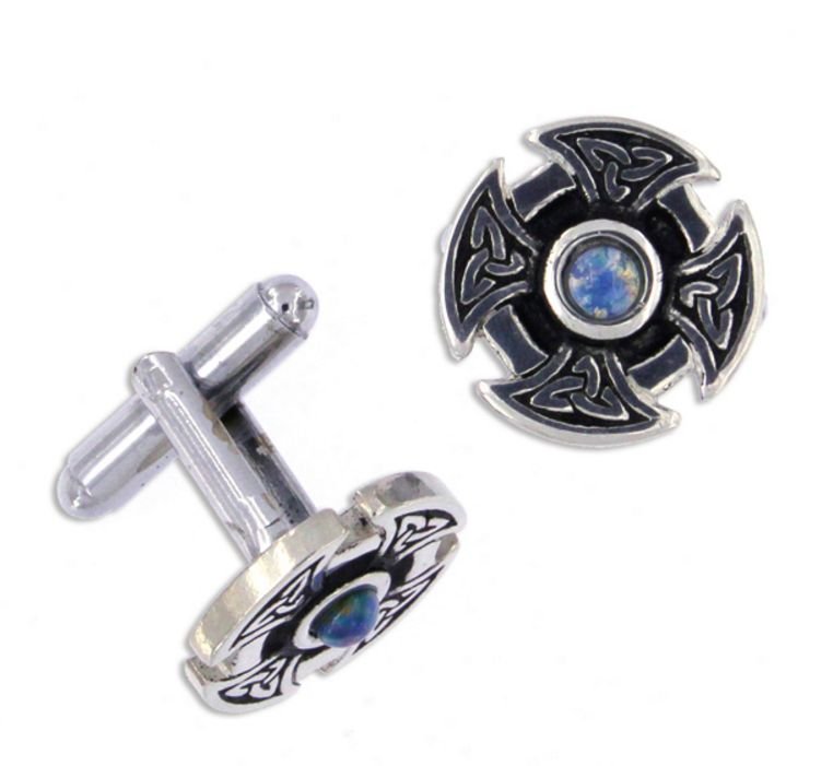 Image 1 of Opal Celtic Cross Knotwork Mens Stylish Pewter Cufflinks