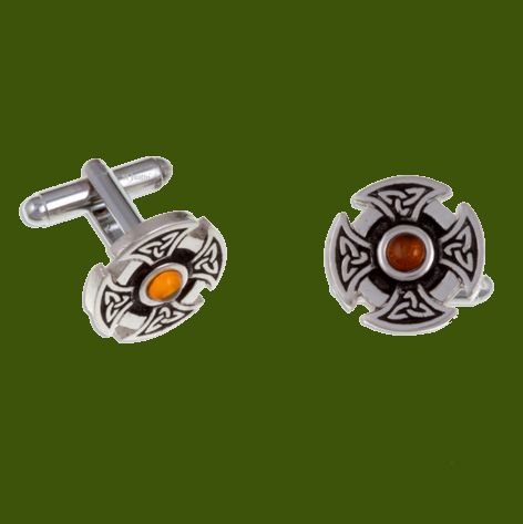 Image 0 of Amber Celtic Cross Knotwork Mens Stylish Pewter Cufflinks