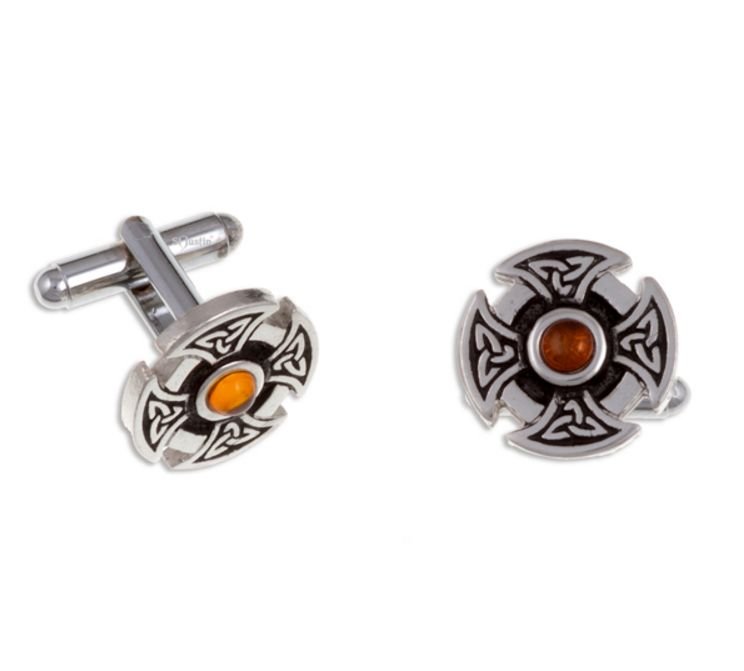 Image 1 of Amber Celtic Cross Knotwork Mens Stylish Pewter Cufflinks