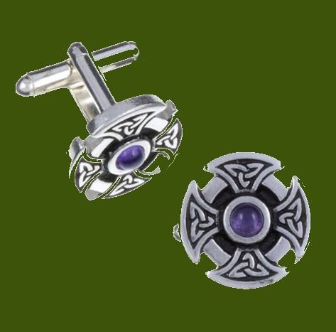 Image 0 of Amethyst Celtic Cross Knotwork Mens Stylish Pewter Cufflinks