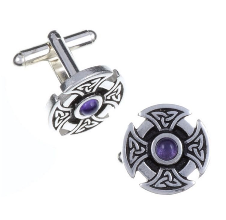 Image 1 of Amethyst Celtic Cross Knotwork Mens Stylish Pewter Cufflinks